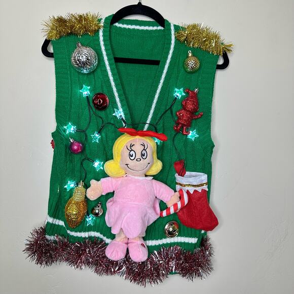 Ugly Christmas Sweater Singing Cindy Lou LIGHTS UP Tinsel Xmas Party Winner - Picture 1 of 5